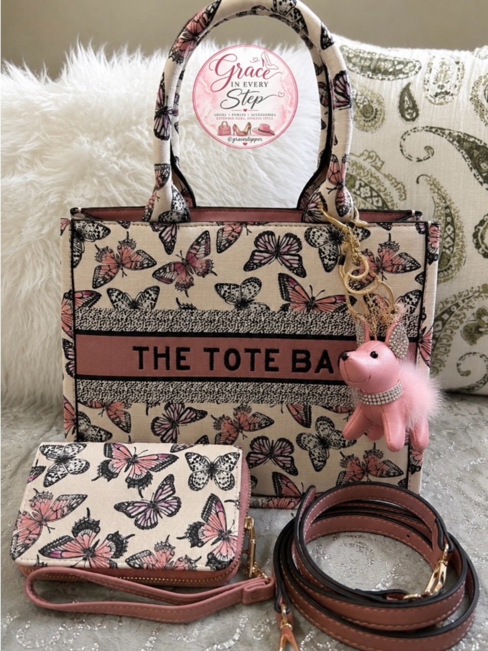 NWT CLASSIC FASHION Med. Cream/Pink THE TOTE Butterfly Print Bag Matching Wallet
